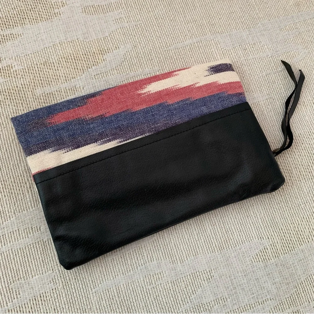Handmade Vintage Ikat Woven Fabric and Leather Foldover Clutch Bag
